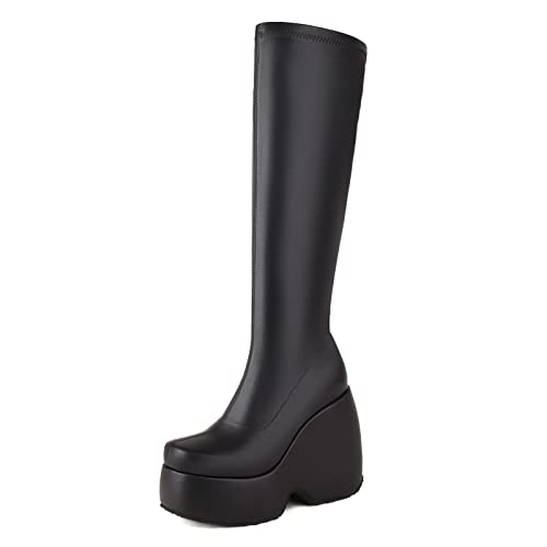 Lroey Reoly Damen Keilabsatz Kniehohe Stiefel, Stretch Stiefel Runde Zehen Höhe Ferse Overknees Stiefel Ohne Verschluss mit Plateau, M1638Lk Schwarz Gr 35 EU von Lroey Reoly