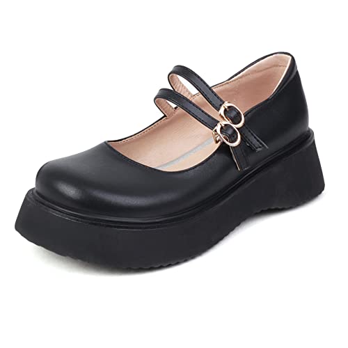 Lroey Reoly Damen Keilabsatz Mary Jane Schuhe, Mittlere Fersenpumpe Runde Zehen Schnalle Party Schuhe mit Plateau Komfort Bxhqyf Schwarz-Yaguang Gr 37 EU von Lroey Reoly
