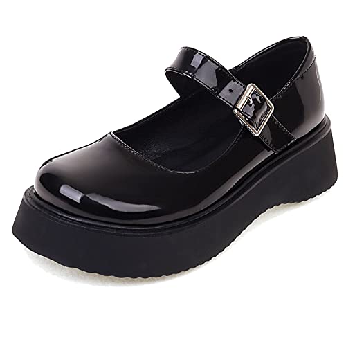 Lroey Reoly Damen Keilabsatz Mary Jane Schuhe, Mittlere Fersenpumpe Runde Zehen Schnalle Party Schuhe mit Plateau Leisure Mnswbh Schwarz Gr 45 EU von Lroey Reoly