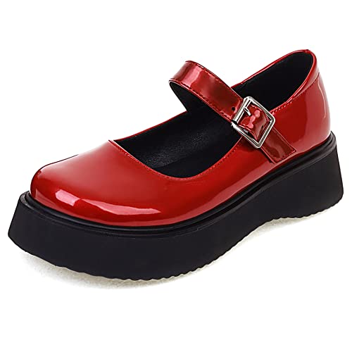 Lroey Reoly Damen Keilabsatz Mary Jane Schuhe, Mittlere Fersenpumpe Runde Zehen Schnalle Party Schuhe mit Plateau Leisure Teprkp Rot Gr 44 EU von Lroey Reoly