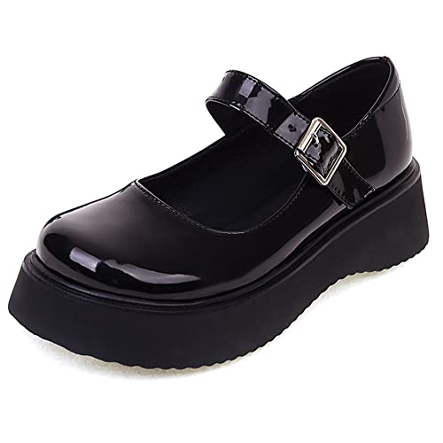 Lroey Reoly Damen Keilabsatz Mary Jane Schuhe, Mittlere Fersenpumpe Runde Zehen Schnalle Party Schuhe mit Plateau Mode Itdxet Schwarz Gr 34 EU von Lroey Reoly