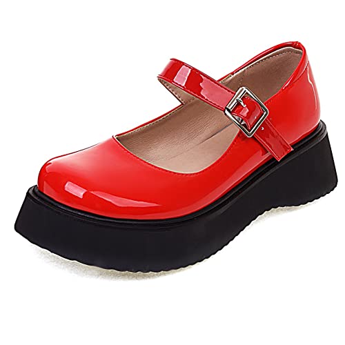 Lroey Reoly Damen Keilabsatz Mary Jane Schuhe, Mittlere Fersenpumpe Runde Zehen Schnalle Party Schuhe mit Plateau Mode Qqtrkm Rot Gr 40 EU von Lroey Reoly