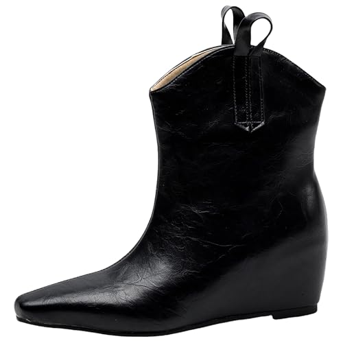 Lroey Reoly Damen Keilabsatz Niedrige Absatz Stiefeletten Square Toe Cowboy Dx954 Schwarz Gr 43 EU von Lroey Reoly