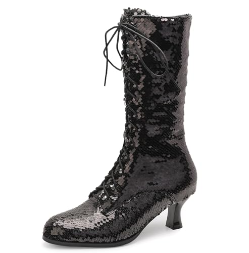 Lroey Reoly Damen Kitten Heel Hohe Stiefel Runde Zehen Party Dx975 Schwarz Gr 43 EU von Lroey Reoly