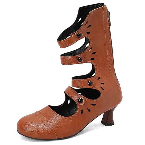 Lroey Reoly Damen Kitten Heel Hohe Stiefel Runde Zehen Party Dx982 Gelb-Braun Gr 33 EU von Lroey Reoly