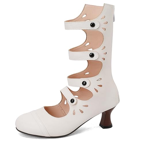 Lroey Reoly Damen Kitten Heel Hohe Stiefel Runde Zehen Party Dx982 Weiß Gr 42 EU von Lroey Reoly