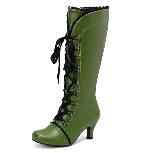 Lroey Reoly Damen Kitten Heel Kniehohe Stiefel Runde Zehen Party Cx860 Grün Gr 36 EU von Lroey Reoly