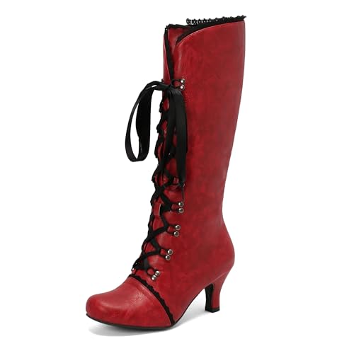 Lroey Reoly Damen Kitten Heel Kniehohe Stiefel Runde Zehen Party Cx860 Rot-Print Gr 34 EU von Lroey Reoly
