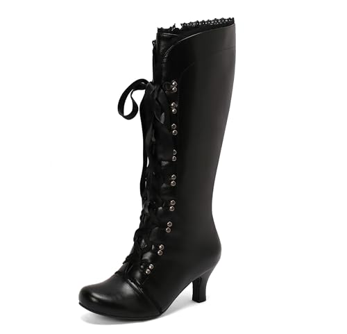 Lroey Reoly Damen Kitten Heel Kniehohe Stiefel Runde Zehen Party Cx860 Schwarz Gr 45 EU von Lroey Reoly