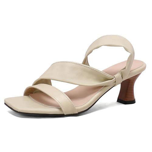 Lroey Reoly Damen Kitten Heel Mules Square Toe Party Schuhe Ls1009 Beige Gr 45 EU von Lroey Reoly