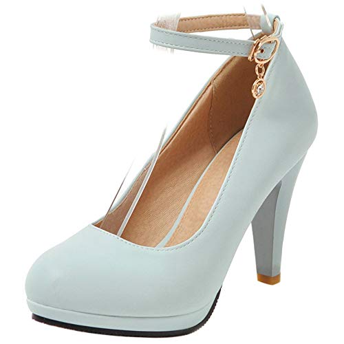 Lroey Reoly Damen Kleiderpumps, Pump Trichterabsatz Elegant Hochzeitsschuhe Höhe Ferse Runde Zehen Knöchelriemchen mit Plateau Schnalle Blau Gr 41 EU von Lroey Reoly