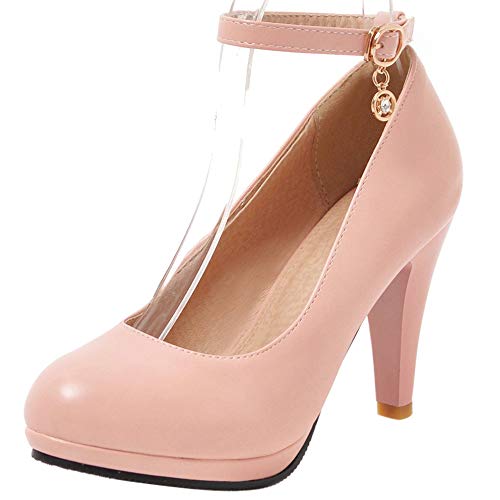 Lroey Reoly Damen Kleiderpumps, Pump Trichterabsatz Elegant Hochzeitsschuhe Höhe Ferse Runde Zehen Knöchelriemchen mit Plateau Schnalle Pink Gr 47 EU von Lroey Reoly