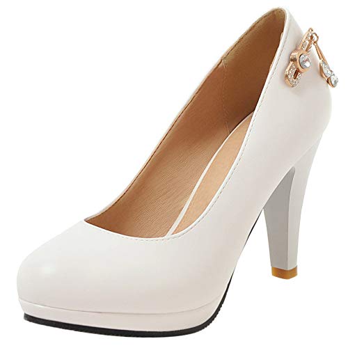 Lroey Reoly Damen Kleiderpumps, Pump Trichterabsatz Elegant Hochzeitsschuhe Höhe Ferse Runde Zehen mit Plateau Glitzersteine Weiß Gr 41 EU von Lroey Reoly