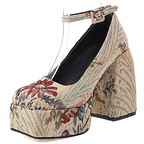 Lroey Reoly Damen Klobige Fersenpumps, Höhe Ferse Pumpe Square Toe Schnalle Party Schuhe mit Plateau Knöchelriemchen Mode Clrbdp Blumen Gr 39 EU von Lroey Reoly