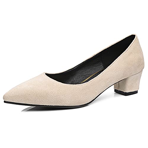 Lroey Reoly Damen Mitte Absatz Pump, Kleiderpumps Pointed Toe Simple Blockabsatz Solid Schuhe Ohne Verschluss 135 Beige Gr 46 EU von Lroey Reoly