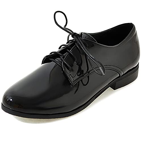 Lroey Reoly Damen Niedrige Absatz Oxford, Schuhe Flach Schnüren Party Schuhe Runde Zehen 131 Schwarz Gr 47 EU von Lroey Reoly