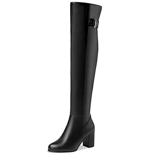 Lroey Reoly Damen Overknee Stiefel mit Blockabsatz, Anzugstiefel Höhe Ferse Pointed Toe Boots Zip 166 Schwarz Gr 49 EU von Lroey Reoly