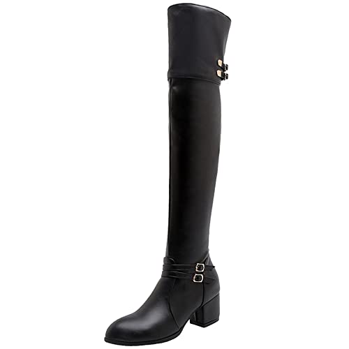 Lroey Reoly Damen Overknee Stiefel mit Blockabsatz, Anzugstiefel Mitte Absatz Pointed Toe Boots Zip Winter Overknees Stiefel 219 Schwarz Gr 42 EU von Lroey Reoly