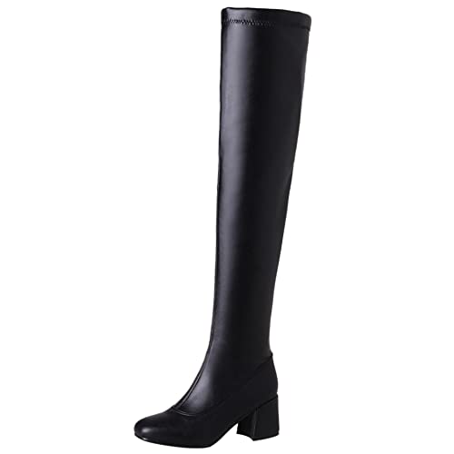 Lroey Reoly Damen Overknee Stiefel mit Blockabsatz, Anzugstiefel Mitte Absatz Square Toe Boots Zip 126 Schwarz Gr 44 EU von Lroey Reoly