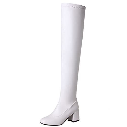 Lroey Reoly Damen Overknee Stiefel mit Blockabsatz, Anzugstiefel Mitte Absatz Square Toe Boots Zip 126 Weiß Gr 54 EU von Lroey Reoly