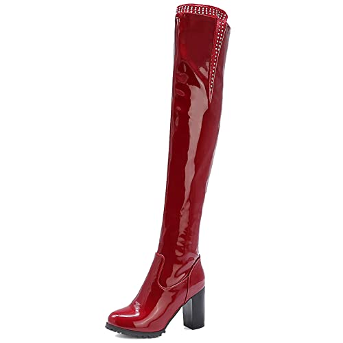 Lroey Reoly Damen Overknee Stiefel mit Blockabsatz, Partystiefel Höhe Ferse Runde Zehen Boots Zip Glitzersteine 020 Rot Gr 50 EU von Lroey Reoly