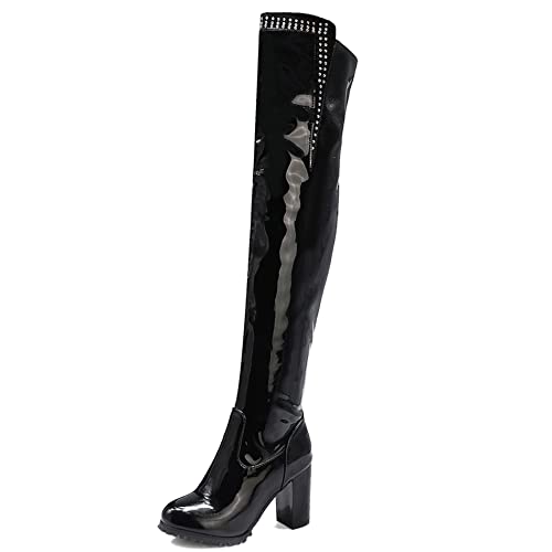 Lroey Reoly Damen Overknee Stiefel mit Blockabsatz, Partystiefel Höhe Ferse Runde Zehen Boots Zip Glitzersteine 020 Schwarz Gr 43 EU von Lroey Reoly