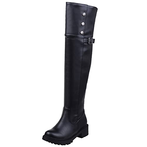 Lroey Reoly Damen Overknee Stiefel mit Blockabsatz, Reitstiefel Leisure Zip Overknees Mitte Absatz Runde Zehen Flach 341 Schwarz/Dl Gr 40 EU von Lroey Reoly