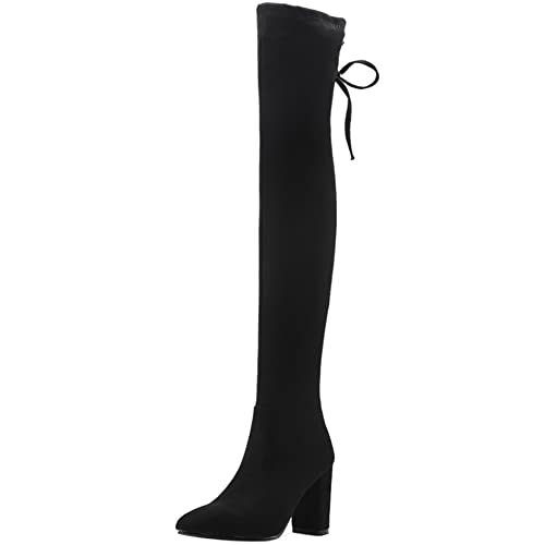 Lroey Reoly Damen Overknee Stiefel mit Blockabsatz, Stretch Stiefel Höhe Ferse Pointed Toe Anzugstiefel Ohne Verschluss 057 Schwarz Gr 45 EU von Lroey Reoly