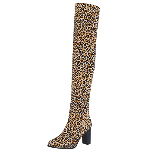 Lroey Reoly Damen Overknee Stiefel mit Blockabsatz, Stretch Stiefel Höhe Ferse Pointed Toe Boots Elegant Ohne Verschluss 036 Leopard Gr 43 EU von Lroey Reoly