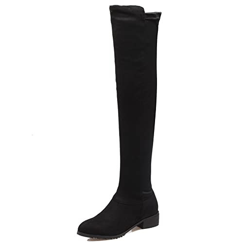 Lroey Reoly Damen Overknee Stiefel mit Blockabsatz, Stretch Stiefel Mitte Absatz Runde Zehen Boots Zip 186 Schwarz Gr 45 EU von Lroey Reoly