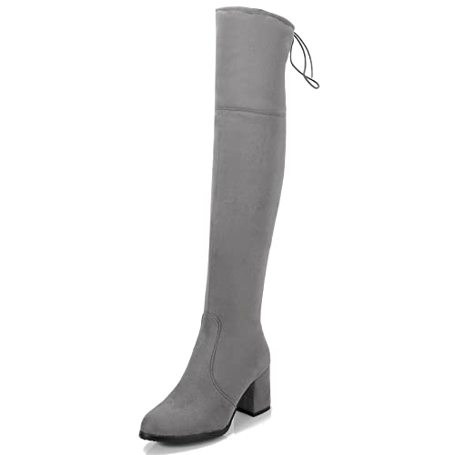 Lroey Reoly Damen Overknee Stiefel mit Blockabsatz, Stretch Stiefel Simple Zip Overknees Stiefel Höhe Ferse Almond Toe 359 Grau Gr 39 EU von Lroey Reoly