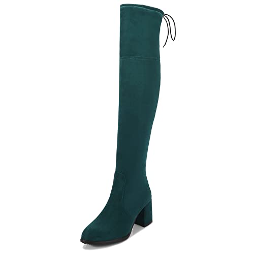 Lroey Reoly Damen Overknee Stiefel mit Blockabsatz, Stretch Stiefel Simple Zip Overknees Stiefel Höhe Ferse Almond Toe 359 Grün Gr 42 EU von Lroey Reoly