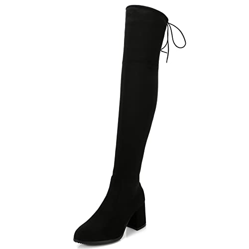 Lroey Reoly Damen Overknee Stiefel mit Blockabsatz, Stretch Stiefel Simple Zip Overknees Stiefel Höhe Ferse Almond Toe 359 Schwarz Gr 32 EU von Lroey Reoly