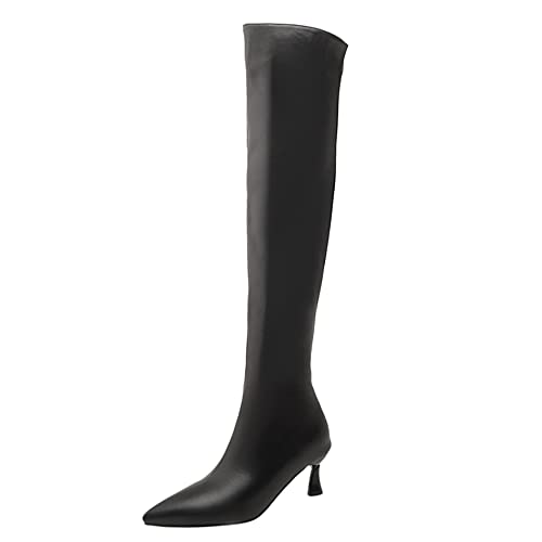 Lroey Reoly Damen Overknee Stiefel mit Kätzchenabsatz, Anzugstiefel Simple Zip Overknees Stiefel Mitte Absatz Pointed Toe 336 Schwarz Gr 46 EU von Lroey Reoly