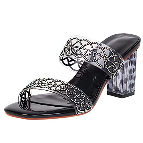 Lroey Reoly Damen Pantoletten mit Absatz, Sandalen Mode Blockabsatz Transparente Sandale Ohne Verschluss Glitzersteine 221 Schwarz Gr 39 EU von Lroey Reoly