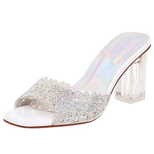 Lroey Reoly Damen Pantoletten mit Absatz, Sandalen Mode Blockabsatz Transparente Schuhe Ohne Verschluss Glitzersteine 222 Weiß Gr 38 EU von Lroey Reoly