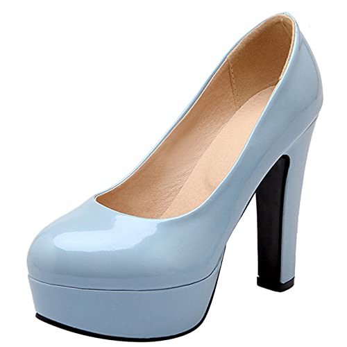 Lroey Reoly Damen Party Schuhe, Pump Blockabsatz Mode Abendschuhe Höhe Ferse Runde Zehen mit Plateau Blau Gr 42 EU von Lroey Reoly