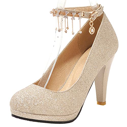 Lroey Reoly Damen Party Schuhe, Pump Trichterabsatz Elegant Hochzeitsschuhe Höhe Ferse Runde Zehen Knöchelriemchen mit Plateau Glitzer Gold Gr 42 EU von Lroey Reoly