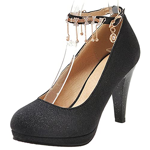 Lroey Reoly Damen Party Schuhe, Pump Trichterabsatz Elegant Hochzeitsschuhe Höhe Ferse Runde Zehen Knöchelriemchen mit Plateau Glitzer Schwarz Gr 39 EU von Lroey Reoly