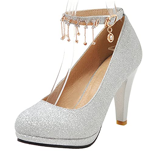 Lroey Reoly Damen Party Schuhe, Pump Trichterabsatz Elegant Hochzeitsschuhe Höhe Ferse Runde Zehen Knöchelriemchen mit Plateau Glitzer Silber Gr 47 EU Lroey Reoly Damen Party Schuhe, Pump Trichterabsatz Elegant Hochzeitsschuhe Höhe Ferse Runde Zehen Knöchelriemchen mit Plateau Glitzer Silber Gr 47 EU von Lroey Reoly