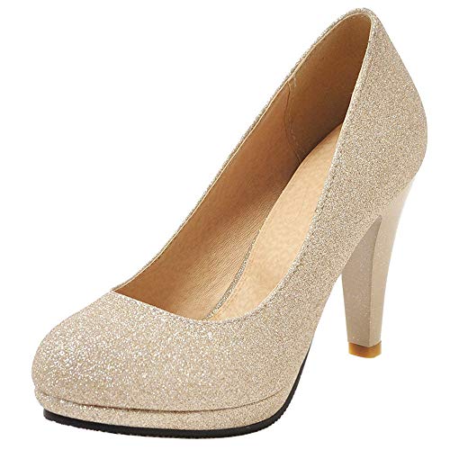 Damen Party Schuhe, Pump Trichterabsatz Elegant Hochzeitsschuhe Höhe Ferse Runde Zehen mit Plateau Glitzer Gold Gr 41 EU von Lroey Reoly