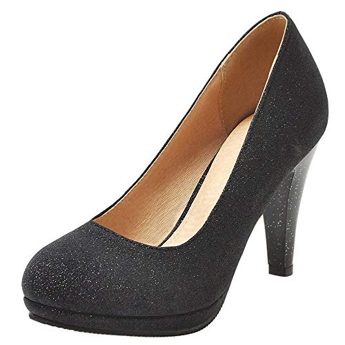Lroey Reoly Damen Party Schuhe, Pump Trichterabsatz Elegant Hochzeitsschuhe Höhe Ferse Runde Zehen mit Plateau Glitzer Schwarz Gr 42 EU von Lroey Reoly