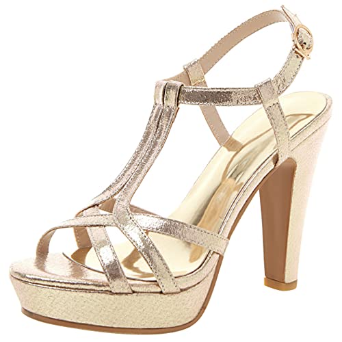Lroey Reoly Damen Sandale mit Absatz, Sandalen Offene Zeh Elegant Blockabsatz Party Schuhe mit Plateau Schnalle T-Spange 069 Gold Gr 32 EU von Lroey Reoly