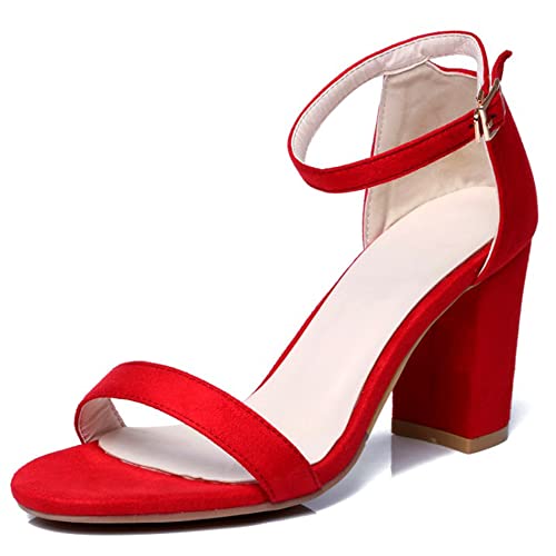 Lroey Reoly Damen Sandale mit Absatz, Sandalen Offene Zeh Simple Blockabsatz Abendschuhe Schnalle Knöchelriemchen 005 Rot Gr 33 EU von Lroey Reoly