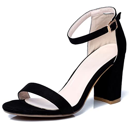 Lroey Reoly Damen Sandale mit Absatz, Sandalen Offene Zeh Simple Blockabsatz Abendschuhe Schnalle Knöchelriemchen 005 Schwarz Gr 46 EU von Lroey Reoly