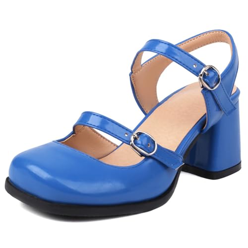 Lroey Reoly Damen-Sandalen mit Blockabsatz, Square Toe Party Schuhe Schnalle Mitte Absatz Sandalen Knöchelriemchen, 5560Doh Blau Gr 43 EU von Lroey Reoly