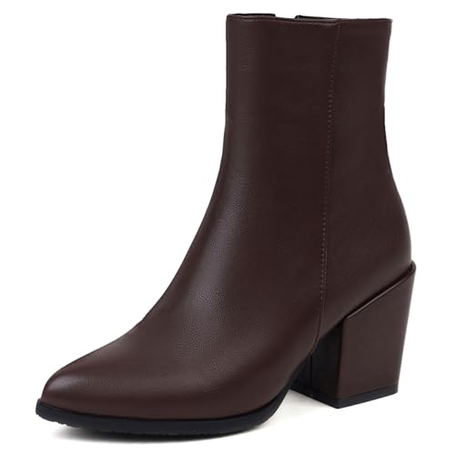 Lroey Reoly Damen Stiefeletten mit Blockabsatz, Kleid Stiefeletten Pointed Toe Höhe Ferse Kurzschaft Stiefel Zip, B15686Ku Braun Gr 39 EU von Lroey Reoly