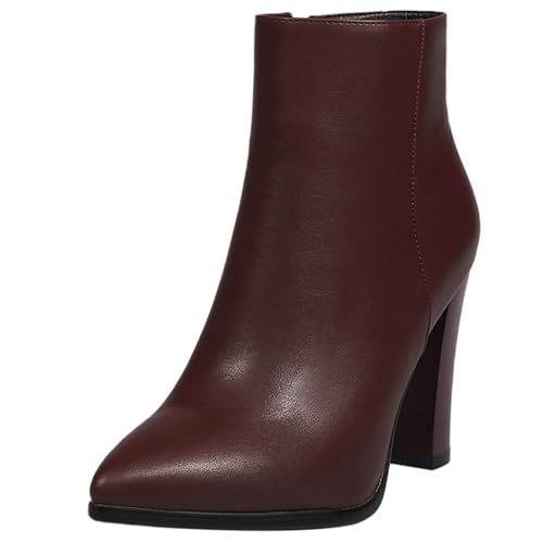 Lroey Reoly Damen Stiefeletten mit Blockabsatz, Kleid Stiefeletten Pointed Toe Höhe Ferse Kurzschaft Stiefel Zip Glitzer Stiefel, C11984Kx Braun/Dl Gr 37 EU von Lroey Reoly