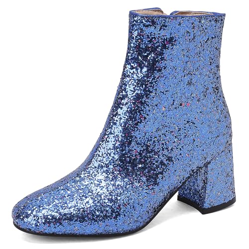 Lroey Reoly Damen Stiefeletten mit Blockabsatz, Partystiefeletten Runde Zehen Mitte Absatz Kurzschaft Stiefel Zip Pailletten, M13404Zx Blau Gr 40 EU Lroey Reoly Damen Stiefeletten mit Blockabsatz, Partystiefeletten Runde Zehen Mitte Absatz Kurzschaft Stiefel Zip Pailletten, M13404Zx Blau Gr 40 EU von Lroey Reoly