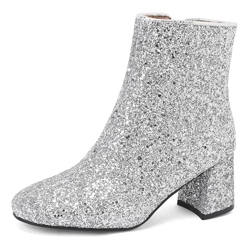 Lroey Reoly Damen Stiefeletten mit Blockabsatz, Partystiefeletten Runde Zehen Mitte Absatz Kurzschaft Stiefel Zip Pailletten, T13351Bp Silber Gr 41 EU Lroey Reoly Damen Stiefeletten mit Blockabsatz, Partystiefeletten Runde Zehen Mitte Absatz Kurzschaft Stiefel Zip Pailletten, T13351Bp Silber Gr 41 EU von Lroey Reoly